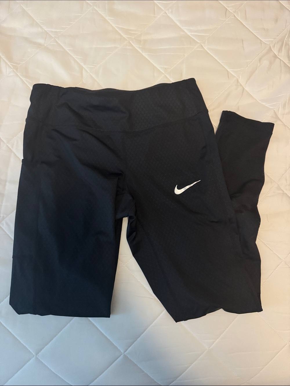 Nike Women’s Black Leggings with White Swoosh - with pockets on side.
